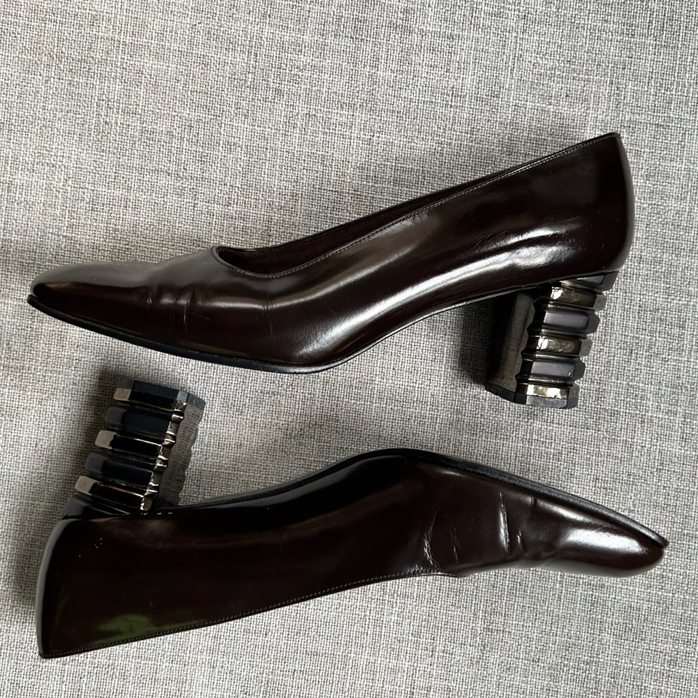 Stuart Weitzman Brown Leather Pumps Square Toe Decorative Block Heel Shoes Sz 7N